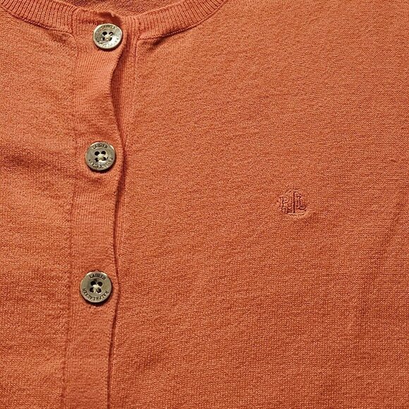 Lauren Ralph Lauren Cardigan Womens L Orange Buttons LS Boho Preppy Mature FLAW - Picture 9 of 13
